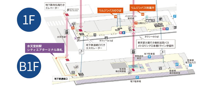 館内3機バリアフリー対応エレベーターを設置しています。また、地下駐車場の障害者用車室はエレベーターすぐそばにあるため、お車で来館された際は、すぐ館内にアクセスできます。その他、東京メトロ半蔵門線水天宮前駅シティエアターミナル改札階から、地上1階行きのエレベーターを使用することで、地下鉄から東京シティエアターミナルまで、スムーズに行き来することができます。