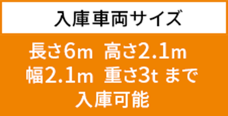 入庫車両サイズ:長さ6m 高さ2.1m、幅2.1m  重さ3t まで、入庫可能